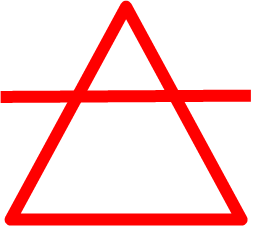 A red equilateral triangle, point facing upwards, with horizontal line piercing through its top third